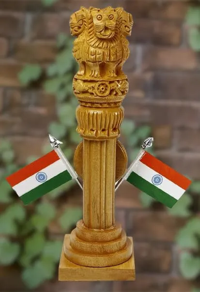 Wooden Carved Ashoka Stambh Pillar with 2 Flags & Analog Clock for Office and Study Table Ii Brown Color Pack of 1 (2.4Wx2.4Lx8.5H Inches)