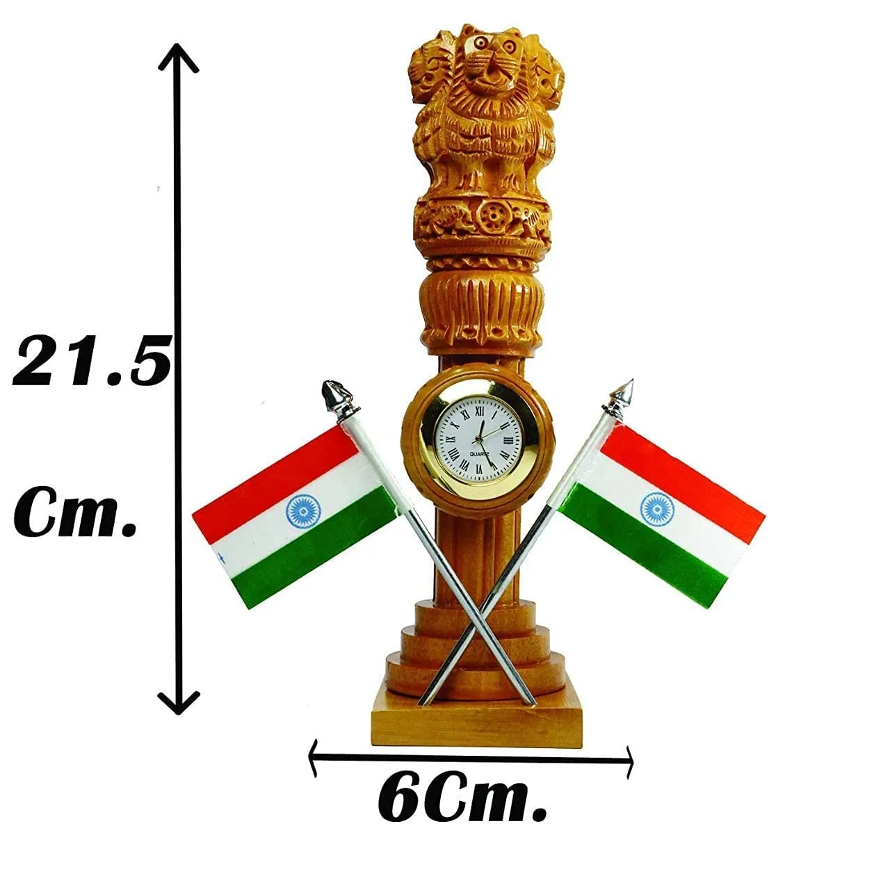 Wooden Carved Ashoka Stambh Pillar with 2 Flags & Analog Clock for Office and Study Table Ii Brown Color Pack of 1 (2.4Wx2.4Lx8.5H Inches)