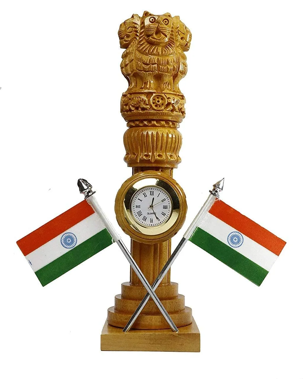 Wooden Carved Ashoka Stambh Pillar with 2 Flags & Analog Clock for Office and Study Table Ii Brown Color Pack of 1 (2.4Wx2.4Lx8.5H Inches)
